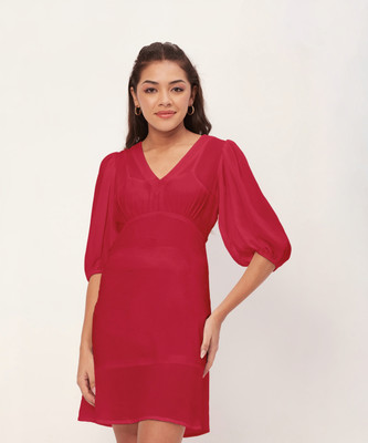 moomaya Women A-line Red Above Knee/Mid Thigh Length Dress