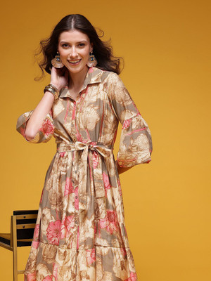 HERE&NOW Women Shirt Brown Below Knee Dress