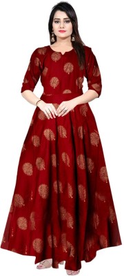Hans Craft And Fashion Women Fit and Flare Maroon, Gold Dress