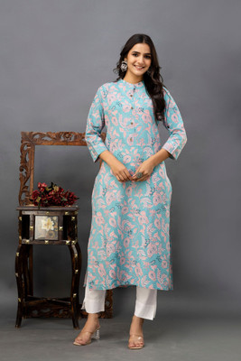 Gudwear Women Printed Straight Kurta(Light Green)