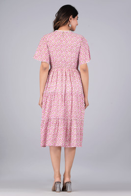 zoxfay Women Fit and Flare Pink Midi/Calf Length Dress