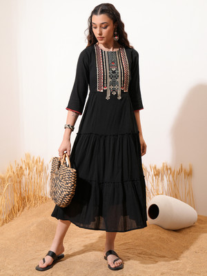 Vishudh Women A-line Black Midi/Calf Length Dress