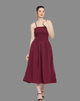BuyUniqueFashion Women Fit and Flare Maroon Midi/Calf Length Dress