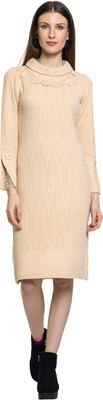 Elthia Women Fit and Flare Beige Knee Length Dress