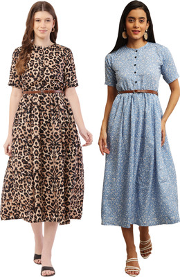 Miranga Women Fit and Flare Light Green, Multicolor Midi/Calf Length Dress