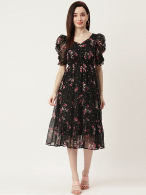 Wisstler Women Fit and Flare Black Midi/Calf Length Dress