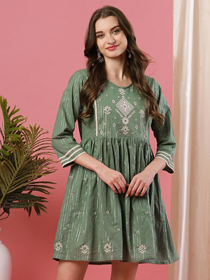 Globus Women A-line Dark Green, Silver Above Knee/Mid Thigh Length Dress