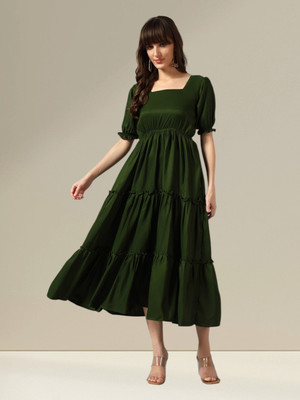 Jash Creation Women Fit and Flare Light Green Midi/Calf Length Dress