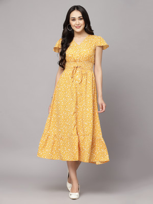 AAYU Women Fit and Flare Yellow Midi/Calf Length Dress