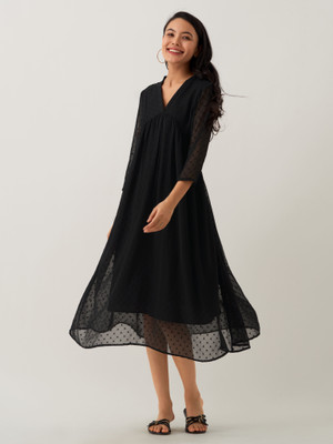 AASK Women Fit and Flare Black Midi/Calf Length Dress