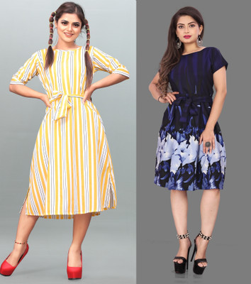 Hiral Creation Women Fit and Flare Blue Below Knee Dress