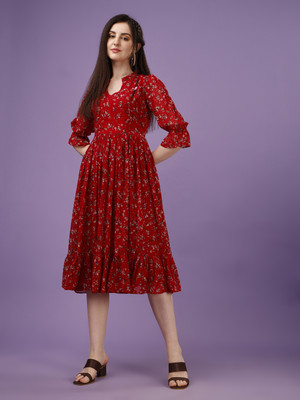 Herway Women A-line Red Midi/Calf Length Dress