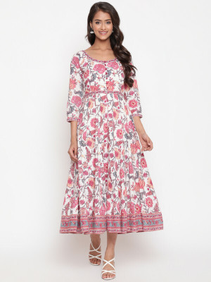 SAVI Women Fit and Flare White Midi/Calf Length Dress
