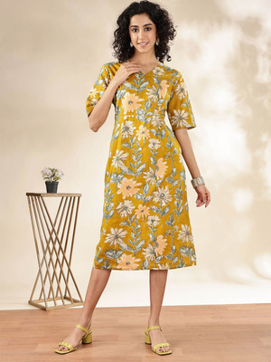 ANOUK Women A-line Yellow Midi/Calf Length Dress