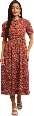 Mamnoon Women Fit and Flare Brown Midi/Calf Length Dress