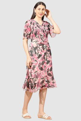 mustard Women Gathered Pink Midi/Calf Length Dress