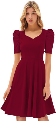 Shoponbit Women Fit and Flare Maroon Knee Length Dress