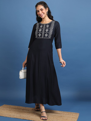 Vishudh Women A-line Dark Blue, White Midi/Calf Length Dress