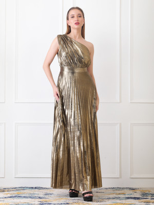 Gaiia Fashion Women Fit and Flare Gold Maxi/Full Length Dress