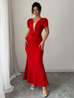 OUTZIDR Women Fit and Flare Red Ankle Length Dress