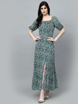 AAYU Women Fit and Flare Green, Multicolor Maxi/Full Length Dress