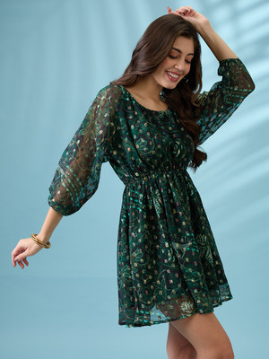 Globus Women Fit and Flare Green Mini/Short Dress