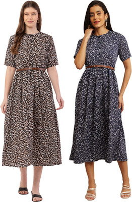 Mamnoon Women Fit and Flare Grey, Dark Blue Midi/Calf Length Dress