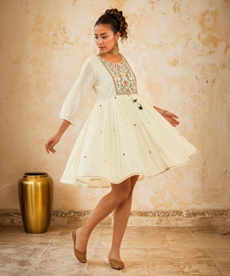 soch Women Gathered White Above Knee/Mid Thigh Length Dress