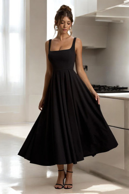 Traquila Women Fit and Flare Black Midi/Calf Length Dress