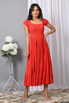 VYMO Women Fit and Flare Red Midi/Calf Length Dress