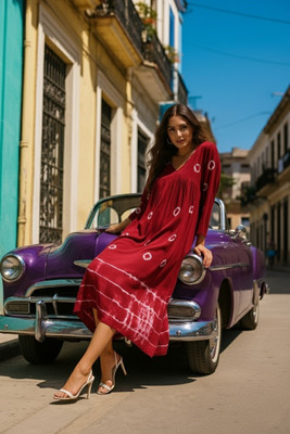 maaesa Women Fit and Flare Maroon Midi/Calf Length Dress