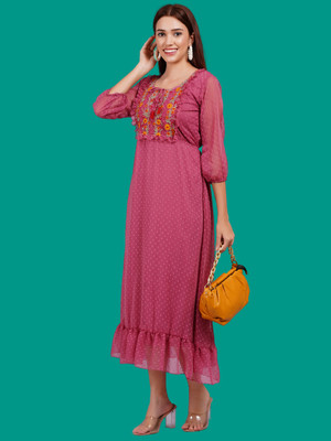 JC4U Women Fit and Flare Pink Midi/Calf Length Dress