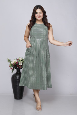 GORDHAN Women Fit and Flare Green Midi/Calf Length Dress