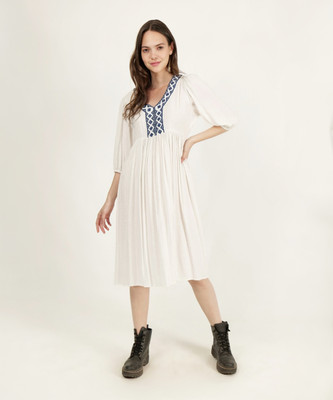 driro Women Fit and Flare White Midi/Calf Length Dress