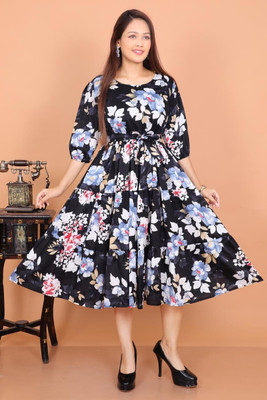 ANMOLDRESS Women Fit and Flare Black Midi/Calf Length Dress