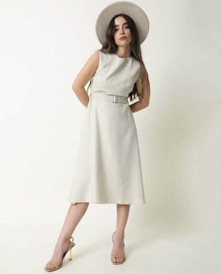 RAREISM Women Fit and Flare White Above Knee/Mid Thigh Length Dress