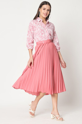 ZWERLON Women A-line Pink, White Midi/Calf Length Dress