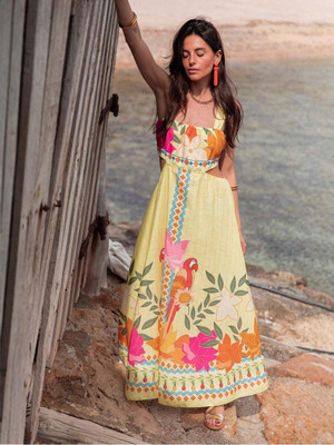 OUTZIDR Women A-line Yellow Ankle Length Dress