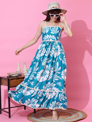Sheetal Associates Women Fit and Flare Light Blue, White Maxi/Full Length Dress