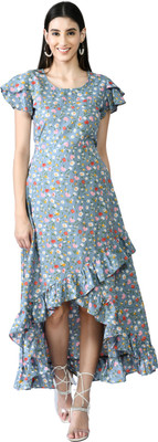 PREEGO Women Fit and Flare Grey Midi/Calf Length Dress