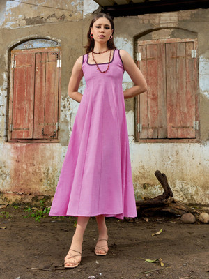 PURVAJA Women Fit and Flare Pink Maxi/Full Length Dress