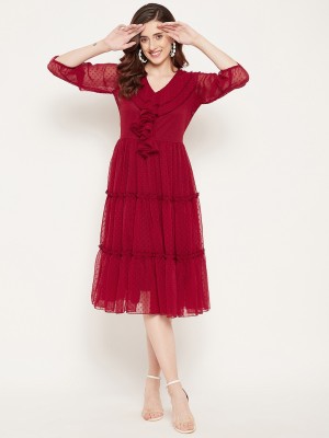 BITTERLIME Women Fit and Flare Red Dress