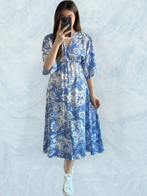 RAAM TEXTILE Women Gown Blue Knee Length Dress