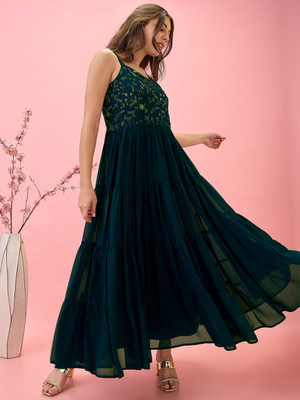 Globus Women Fit and Flare Blue Maxi/Full Length Dress
