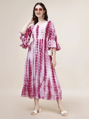 Herway Women A-line White, Purple Midi/Calf Length Dress