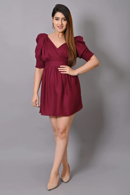 IQRAAR Women Fit and Flare Purple Above Knee/Mid Thigh Length Dress