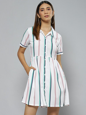 DENNISON Women A-line White, Green Above Knee/Mid Thigh Length Dress