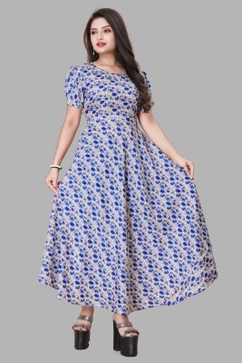 EDISHNAL Women A-line Beige, Dark Blue, White Dress