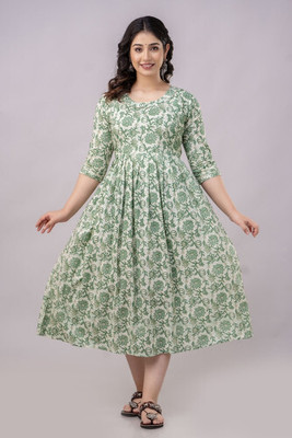 HouseOfCommon Women A-line Green, White Midi/Calf Length Dress