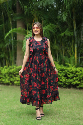 Fashion2wear Women A-line Black, Red Maxi/Full Length Dress